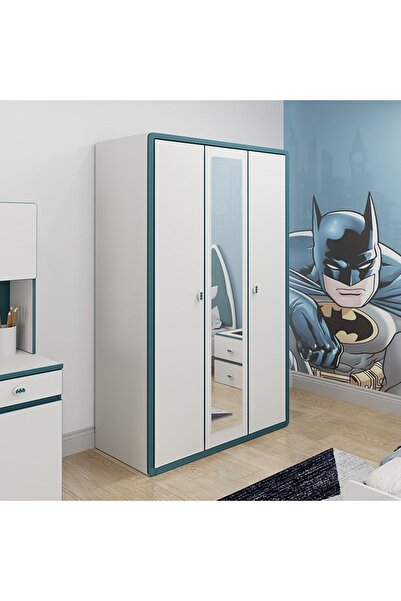 danube خزانة ملابس أطفال نايت بثلاثة أبواب مع مرآة - أبيض/أزرق مخضر، مصنوعة من الخشب الهندسي، 6 رفوف، ضمان لمدة عامين