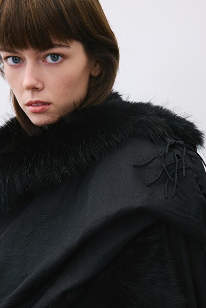 rue Fur Detailed Tasseled Black Shawl