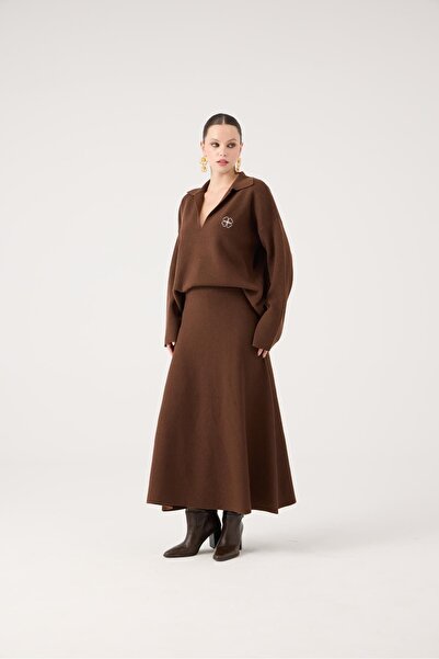 HOLLY LOLLY Elastic Waist Long Zoi Knit Skirt Brown