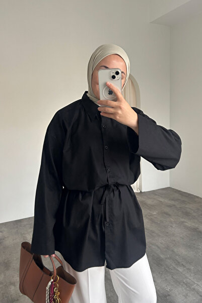 HYWONA Women's Waist-Tied Cotton Pinterest Shirt Black