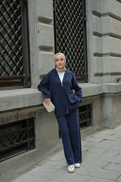 LOCCO Women's Self-Patterned Knitwear Set Navy Blue