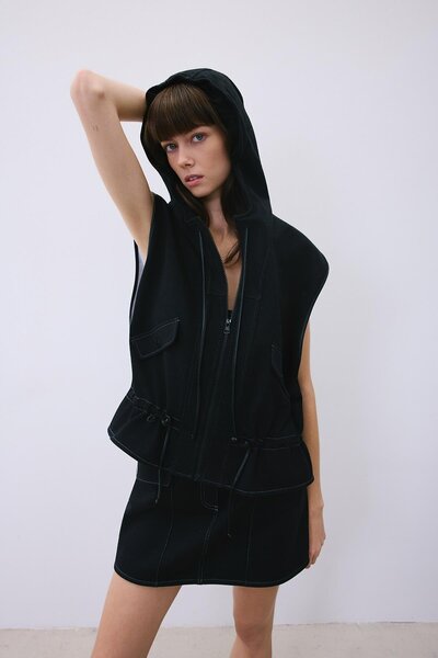 rue Hooded Black Knitwear Vest with Leather Detail