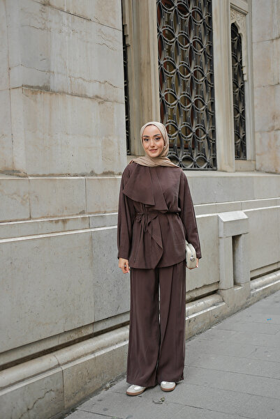 LOCCO Γυναικείο Σετ Μπλουζάκι και Παντελόνι Καφέ