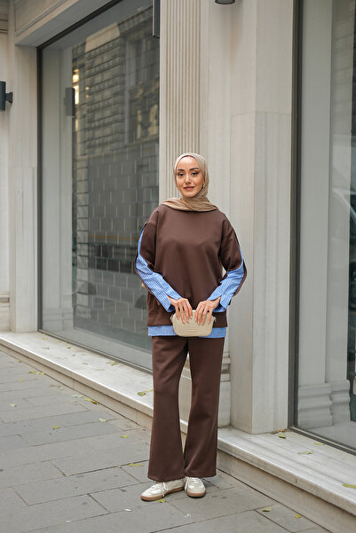 LOCCO Γυναικείο πουκάμισο Λεπτομέρεια Διπλό Σετ Καφέ