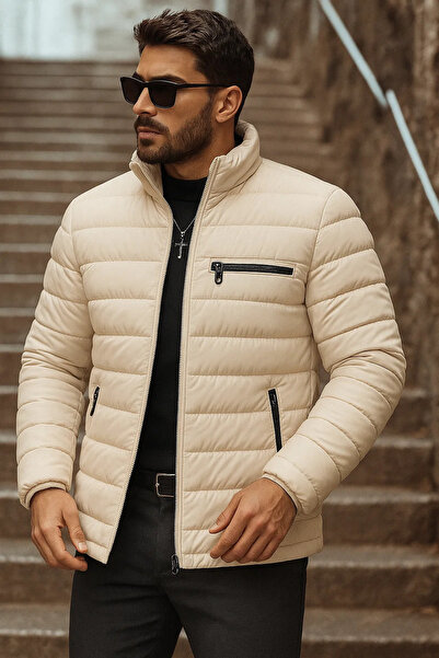 comstar Men's Winter Basic Mock Neck Zippered Cream Puffer Coat