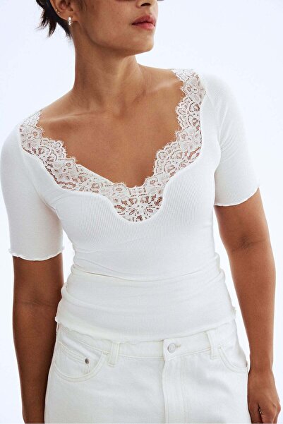 H&M Lace-trimmed ribbed top