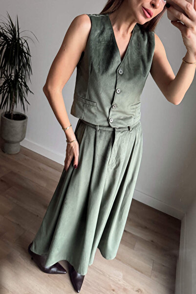 Sue Store Green Slim F Corded Fabric Vest Skirt Velvet Suit