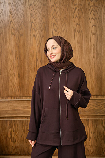 LOCCO Women's Zipper Detail Hooded Set Brown
