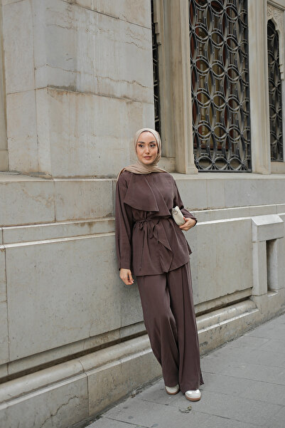 LOCCO Γυναικείο Σετ Μπλουζάκι και Παντελόνι Καφέ