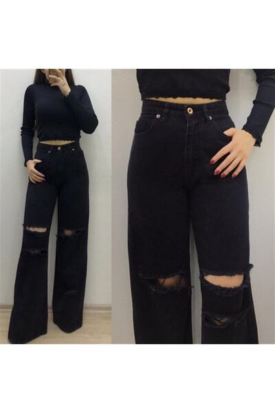 kleshus Women's Black Ripped Model Loose Trousers 544657641