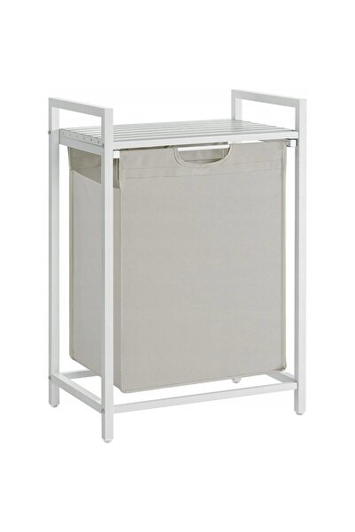 Artool Raft de baie cu coș de rufe, Artool, raft din MDF, cadru din oțel, compartiment pentru rufe, alb