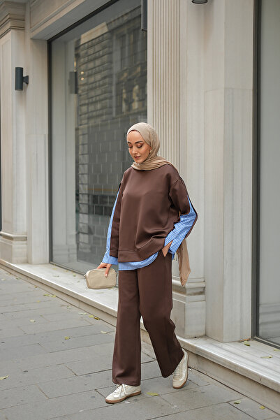 LOCCO Γυναικείο πουκάμισο Λεπτομέρεια Διπλό Σετ Καφέ