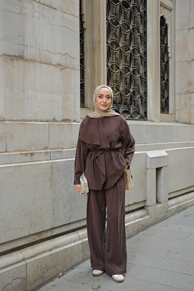 LOCCO Γυναικείο Σετ Μπλουζάκι και Παντελόνι Καφέ