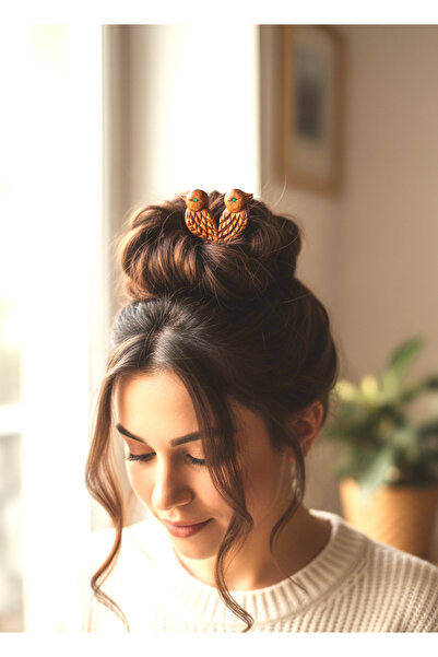 aslanoyma Double Woodpecker Heart Model 100% Handmade Bun Hairpin