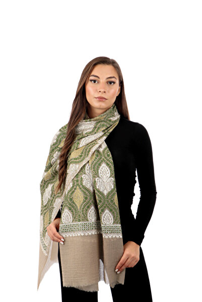 Bursa İpek Milk Coffee Green Stone Embroidered Wool Silk Shawl