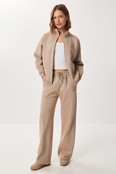Lovelyİstanbul Zippered Fleece-Lined Knitted Top and Bottom Set Lby0021 Beige