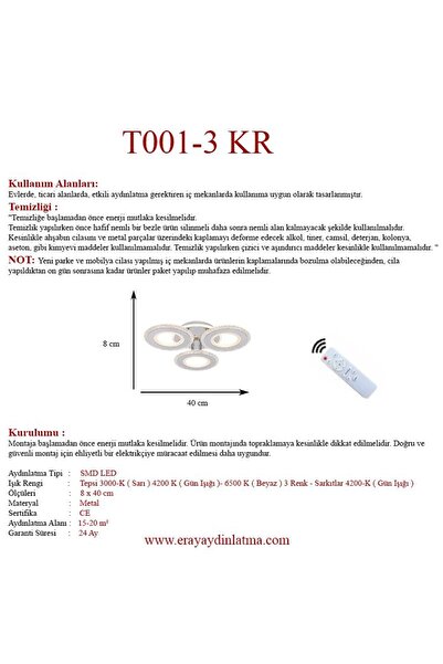 Eray Aydınlatma T001-3 Krom Kumandalı Led Avize