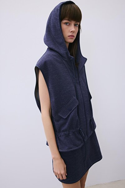 rue Hooded Leather Detailed Indigo Knitwear Vest