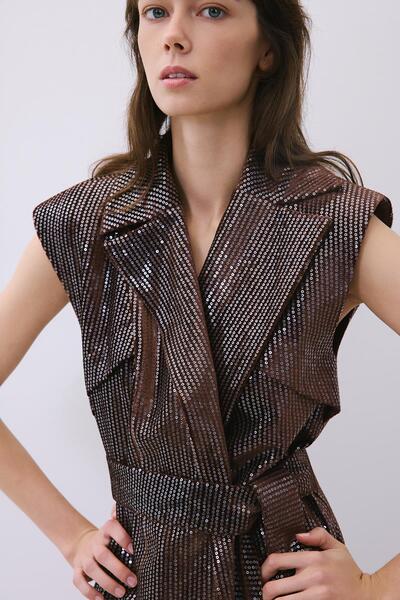 rue Velvet Sequined Belted Brown Vest