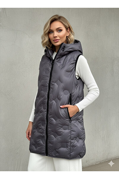 Sibel Günay Butik Women's Hooded Sleeveless Long Anthracite Gray Puffer Coat | Zippered Pocket Detail - Fiber Filled -85 cm