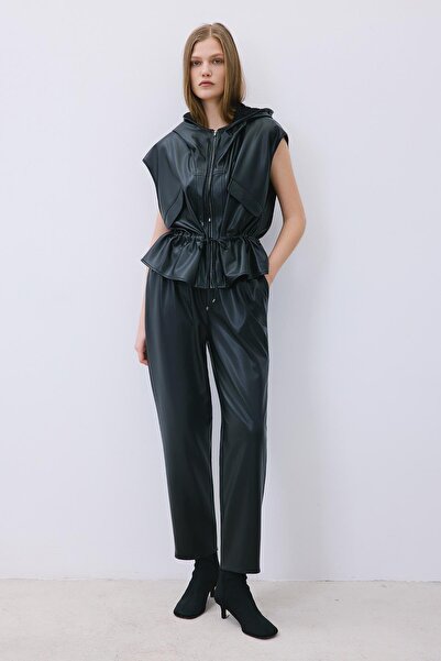 rue Hooded Faux Leather Black Vest