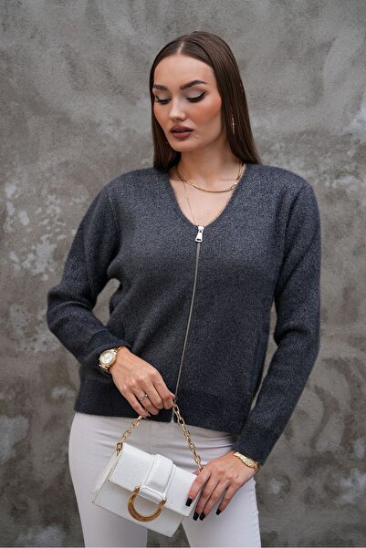 AGORATEKSTİL Women's V-Neck Zippered Glitter Short Jacket