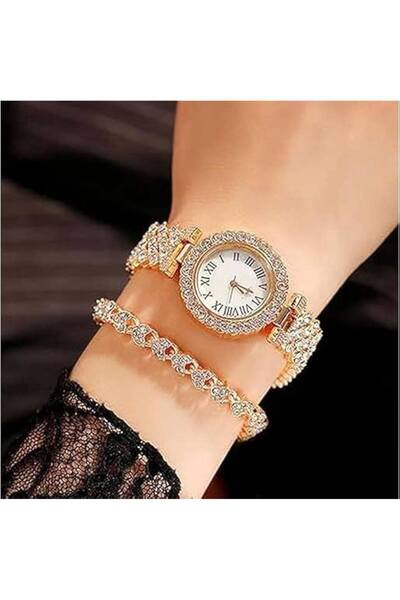 zerzembe Kadın Taşlı Kuvars Rose Saat ve Bileklik Hediye Seti