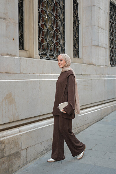 LOCCO Women's Stone Detail Elastic Waist Suit Brown