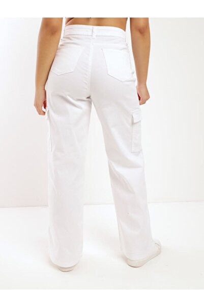 kleshus Women's High Waist White Cargo Pocket Jeans Thick Cargo Pocket Pants