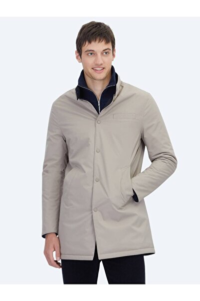 Kip معطف رمادي اللون ذو قصة عادية وياقة حكيم، منسوج بشكل عادي وذو وجهين