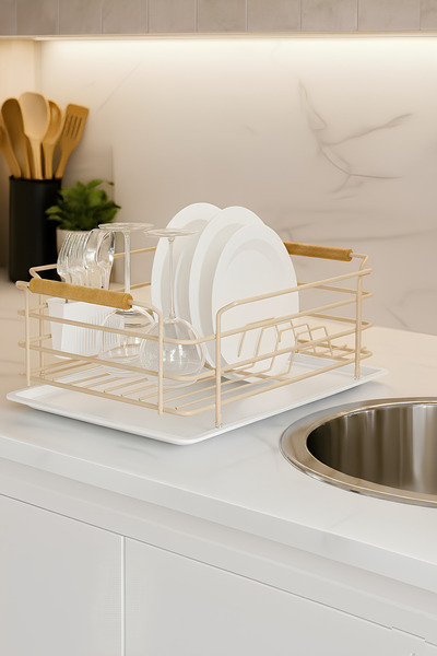 Suntel Ahşap Tutmaçlı Bulaşıklık Kaşıklık Tabaklık & Bez Bölmeli (Bez Askılı, Tepsi Dahil)