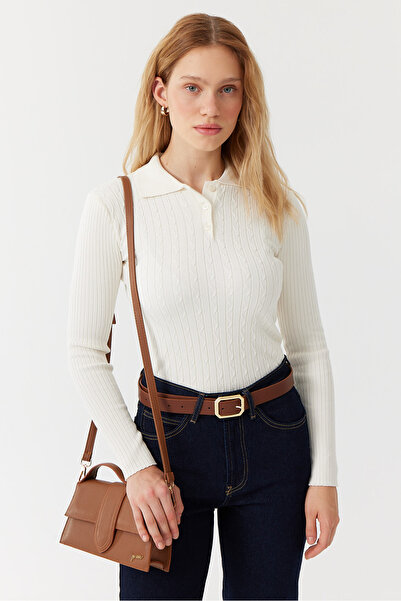 PAULMARK Women's Hair Knitting Patterned Polo Neck Sweater