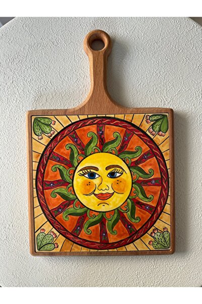 ZenArte El Yapımı Ahşap Üzerine Çini Güneş Desenli Dekoratif Sunum Tahtası