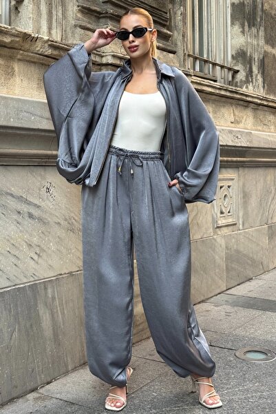 VAGGON Polo Collar Batwing Sleeve Zipper Closure Jacket and Elastic Waist Pants Casual Suit