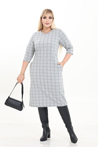 modayız Double Pocket Patterned Stretchy Winter Plus Size Midi Dress 10C-2735