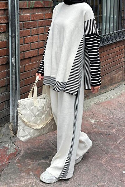 lamelif Side Striped Poncho Hijab Set Cream