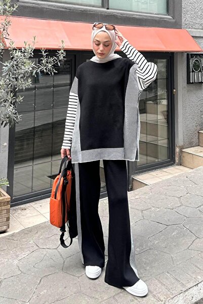 lamelif Side Striped Poncho Hijab Set Black