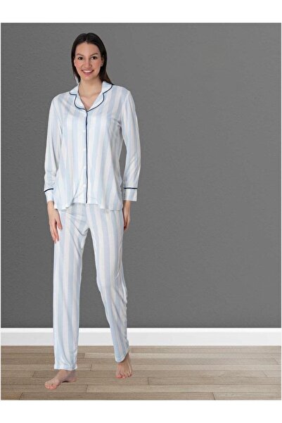 Lohusa Homewear طقم بيجامة نسائية أنيقة بتصميم خاص مخططة باللون الأزرق بأكمام...