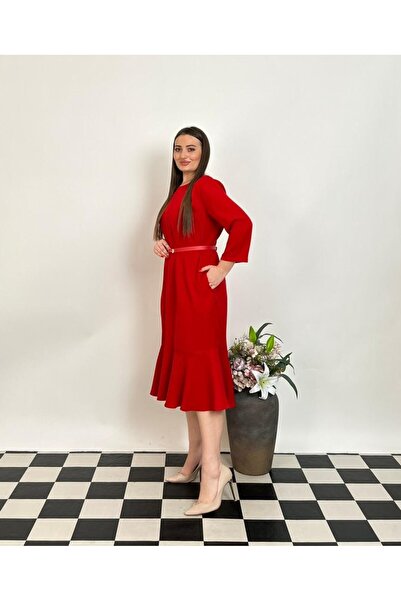 DE WHITES Plus size belted dress with fish detail bottom skirt part