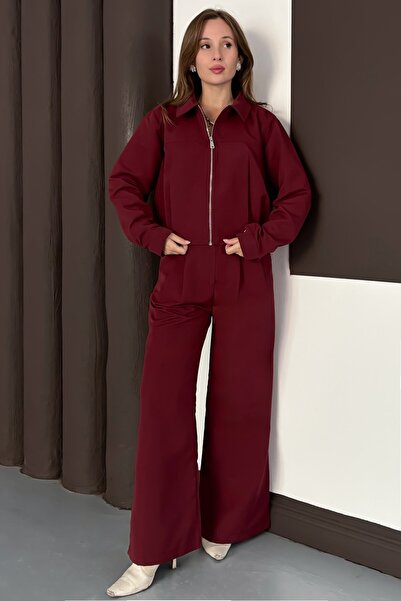 VAGGON Women's Burgundy Zipper Closure Sweat Wide Leg Pants Set Vs01564