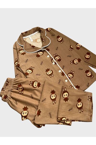 tusem butik homewear Girl's Cotton Suede Fabric Brown Labubu Patterned Shirt Collar Buttoned Winter Pajama Set