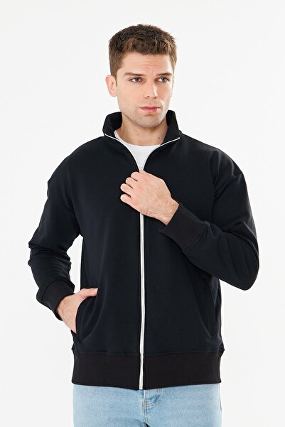 TRENDHİLL Ανδρικό μπλουζάκι από βαμβακερό φούτερ με φερμουάρ, μαύρο 9507-S