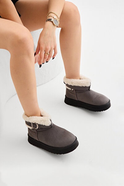 Tonny Black Women's Smoked Thick Poly Sole Fur Detailed Suede Look Casual Boots