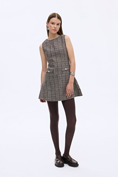 Quzu Kadın Düğmeli Volanlı Tüvit Elbise ELB00870 Kahve