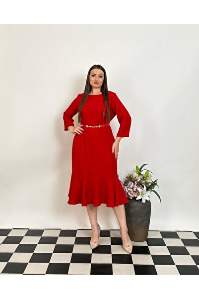 DE WHITES Plus size belted dress with fish detail bottom skirt part