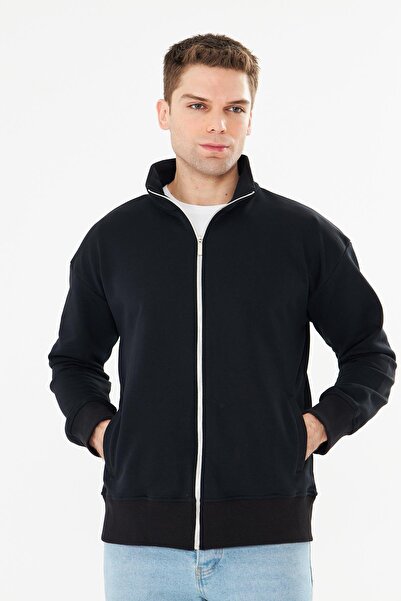 TRENDHİLL Ανδρικό μπλουζάκι από βαμβακερό φούτερ με φερμουάρ, μαύρο 9507-S