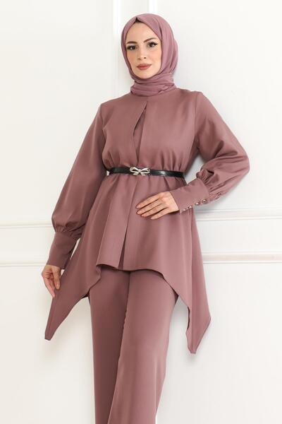 Modamihram Belt Detailed Suit Dusty Rose Msw19001-3