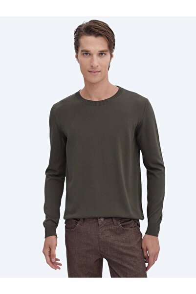 Kip Khaki Crew Neck Plain Knit Sweater