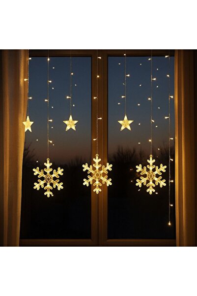 Partini Renklendir Kar Taneli Yıldızlı Perde Led Işık, Yılbaşı, Noel, Dekorasyon
