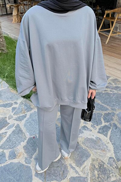 lamelif Hooded Pants Two-Piece Hijab Set Gray